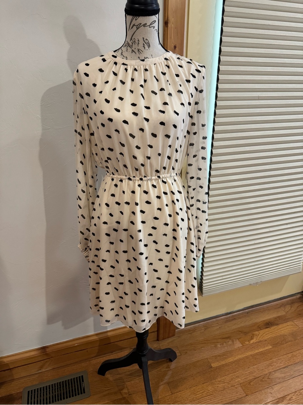 H&M Cream Long-Sleeve Dress with Black Dot Print